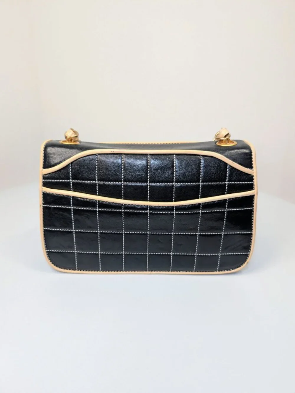 Chanel Vintage Black Glazed Calfskin Chocolate Bar Contrast Stitch Reissue Flap